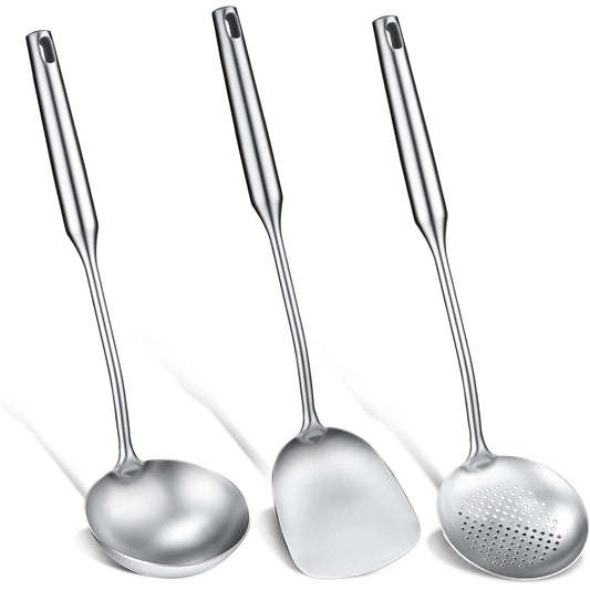 Stainless Steel Kitchen Utensils Set – Includes Wok Spatula (Turner) & Skimmer, Ladle, Heat-Resistant for Everyday Cooking Convenience 3-Piece Set