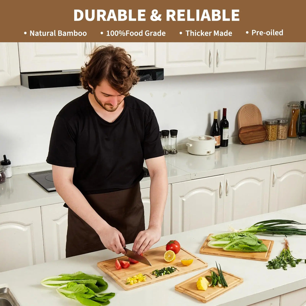 Bamboo Chopping Board Set of 3 – Pre-Oiled Reversible Boards with Juice Grooves, Handles & Prep Slots – Best for Everyday Chopping & Serving