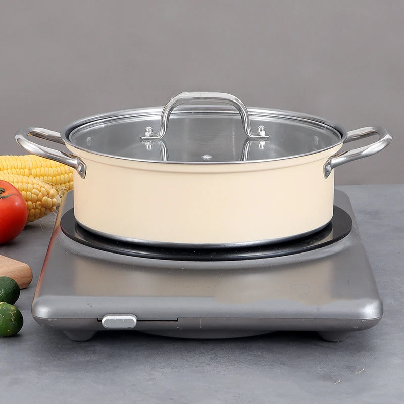 28cm Colorful Stock Pot with Glass Lid Premium Stainless Steel Stew Pot Induction Compatible Thick Cooking Pot for Soup Pasta
