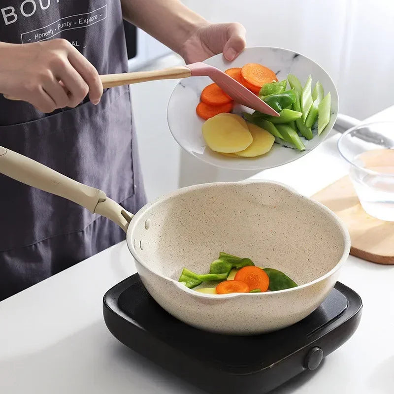 Beige Maifan Stone Non-Stick Wok – Aluminium Stir-Fry Pan with Soft-Touch Handle & 3-Layer Base – Perfect for Healthy Low-Oil Cooking – Available in 20cm, 24cm, 26cm & 28cm