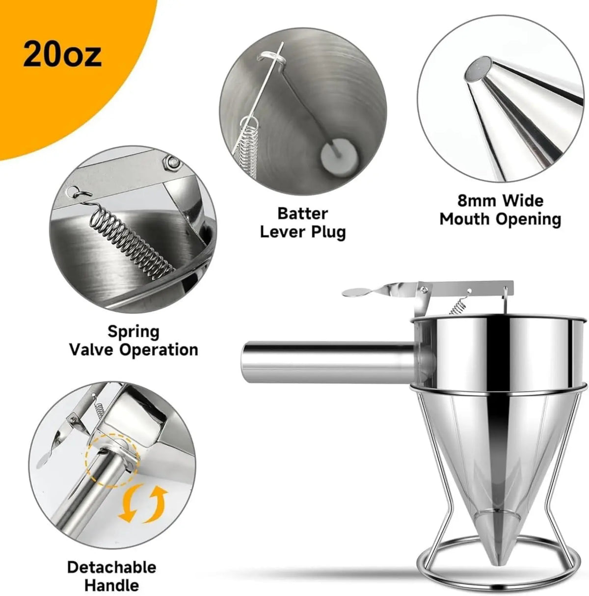 Stainless Steel Pancake Batter Dispenser with Stand – 4 Nozzle Multi-Size Funnel for Cakes, Muffins & Pastries – Best for Mess-Free Baking