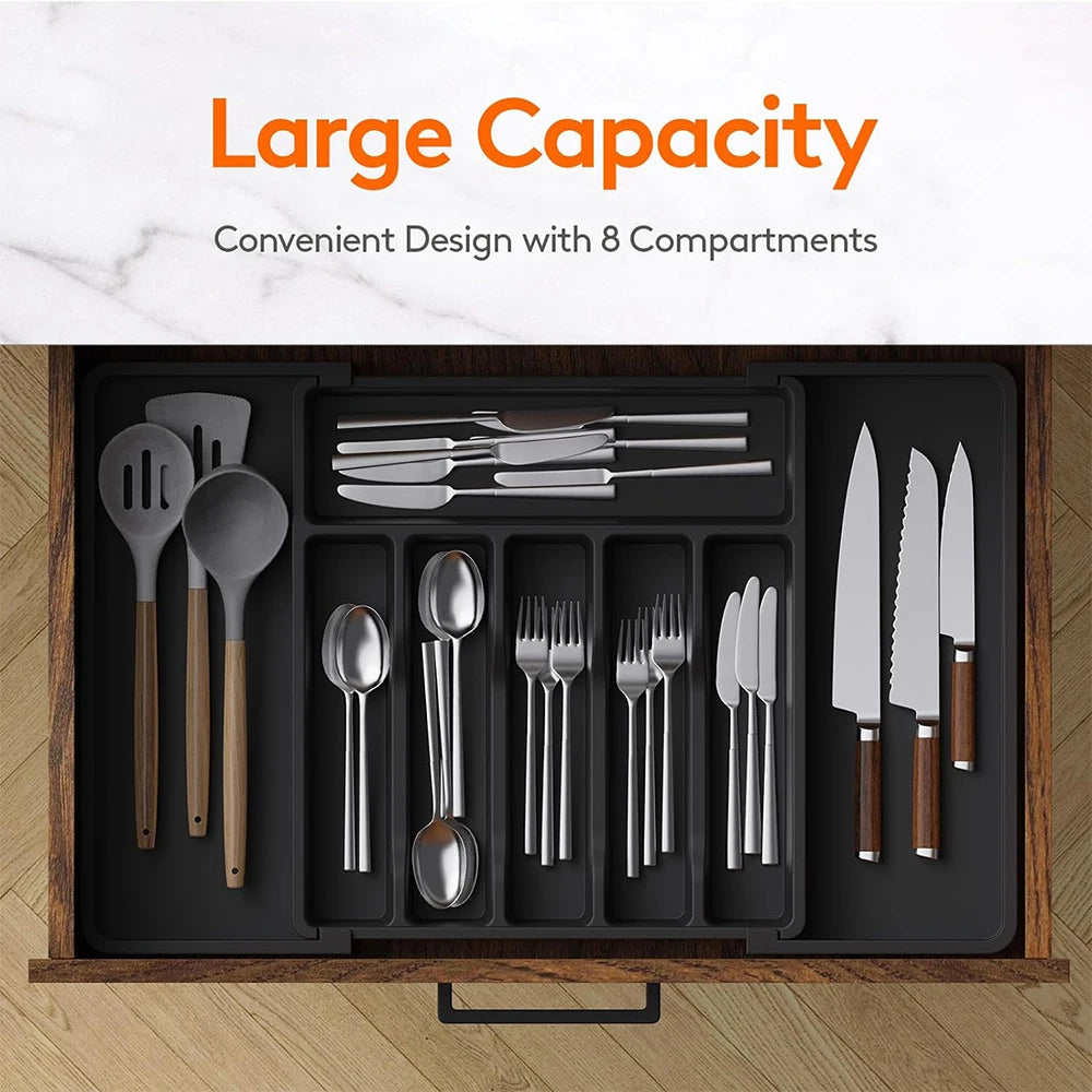 Expandable Cutlery & Utensil Drawer Organiser Tray – Adjustable Flatware Holder – Perfect for Kitchen Drawers – Available in Black, White & Grey Colours