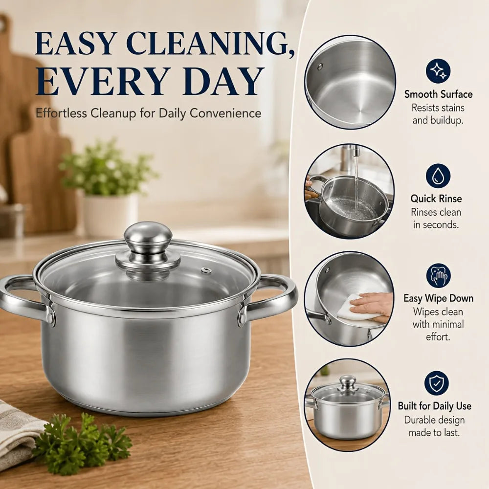 Stainless Steel Cooking Pot with Glass Lid – Brushed Silver Soup & Stew Pot for Induction & Gas Hobs – Great for Soups, Pasta & One-Pot Meals