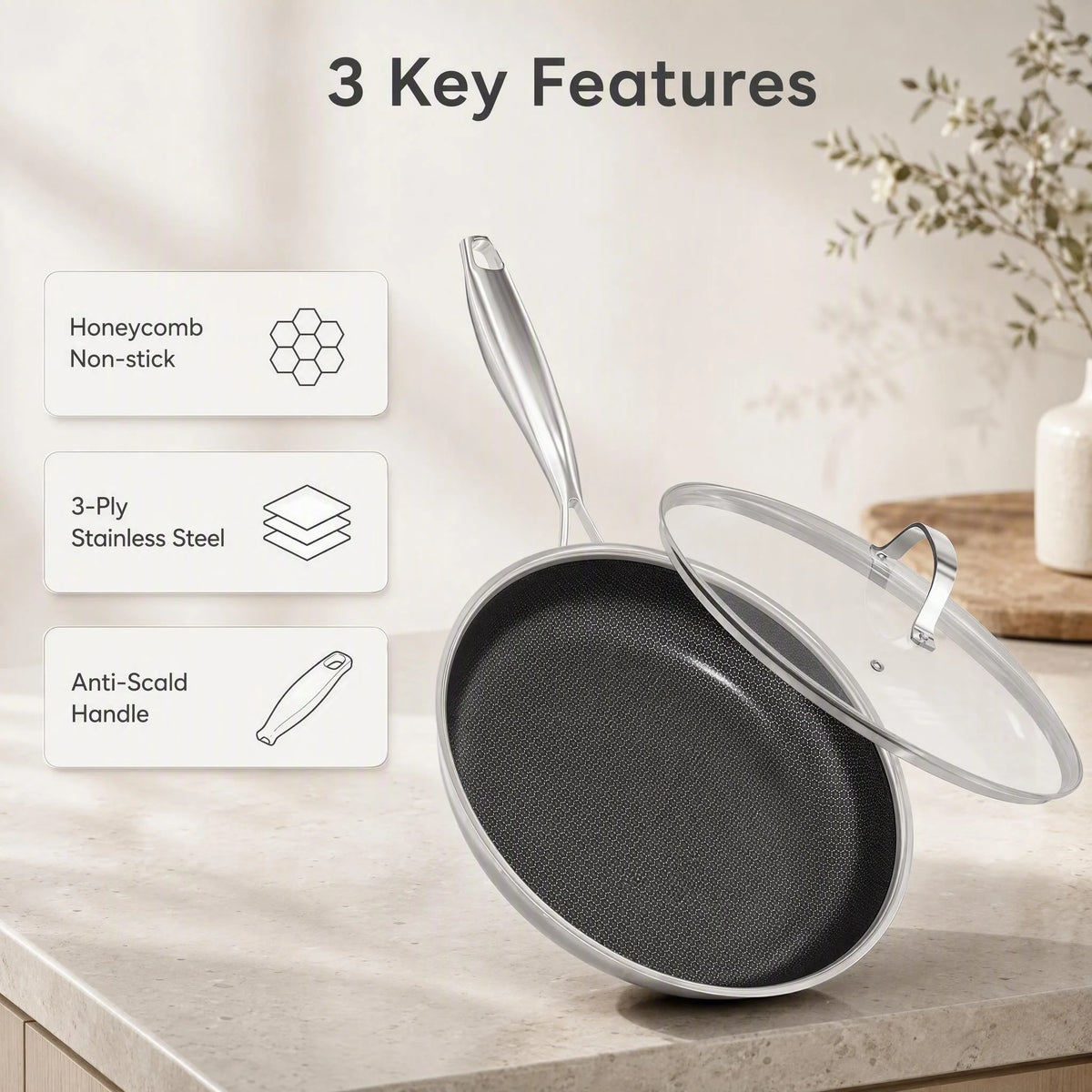 Honeycomb Stainless Steel Non-Stick Frying Pan with Glass Lid – 3-Ply Induction Skillet with Stay-Cool Handle – Ideal for Frying, Searing & Everyday Cooking (26cm)