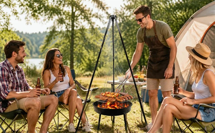 Campfire Tripod Grill with Barbecue Basin – Steel Camping Firepit Cooking Rack & Lantern Hanger – Best for Outdoor Cooking & Camping