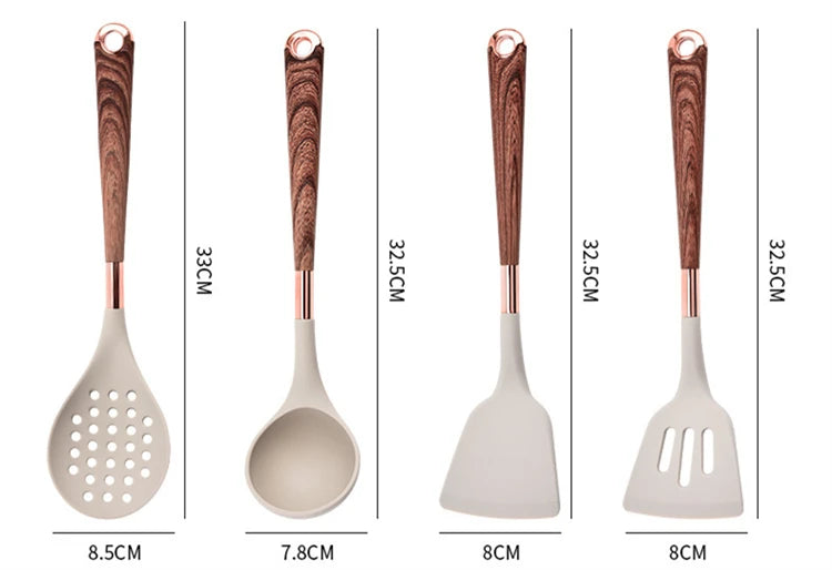 10-Piece Silicone Kitchen Utensils Set with Wooden-Effect Handles & Matching Utensil Holder – Heat-Resistant, Non-Stick Safe & Easy to Clean – Includes Spatulas, Spoons, Turners, Pasta Server, Brush & Skimmer – Perfect for Daily Cooking & Modern Kitchens