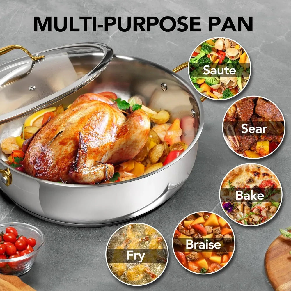 Stainless Steel Sauté Pan with Golden Handles & Glass Lid – Tri-Ply Deep Pan Ideal for Searing, Sautéing, Frying, Simmering & One-Pan Meals – Durable, Even-Heat Construction – All-Cooktop Compatible – 30cm