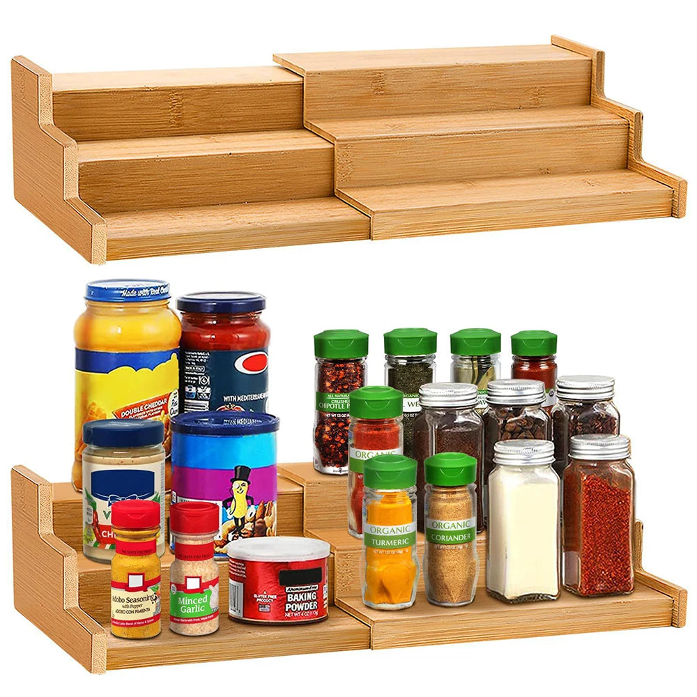 3 Tier Expandable Bamboo Spice Rack – Cabinet Spice Shelf & Seasoning Organiser Stand – Perfect for Kitchen Cupboards & Worktops