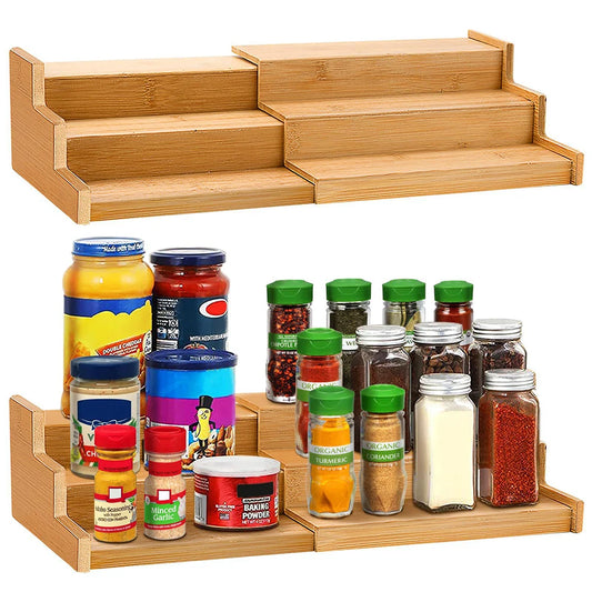 3 Tier Expandable Bamboo Spice Rack – Cabinet Spice Shelf & Seasoning Organiser Stand – Perfect for Kitchen Cupboards & Worktops