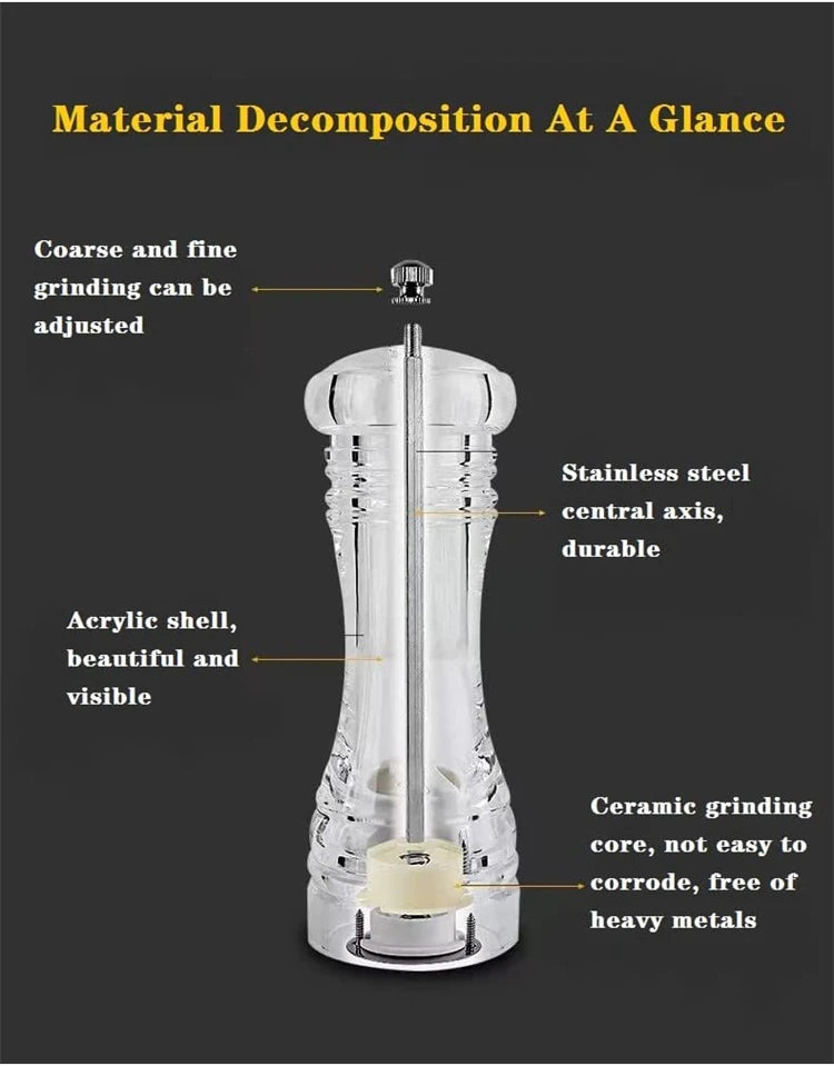 Clear Acrylic Salt & Pepper Grinder Mill with Adjustable Ceramic Coarseness – Refillable Sea Salt & Pepper Mill – Great for Sea Salt & Peppercorns – Available in 4, 5, 6 & 8 Inch