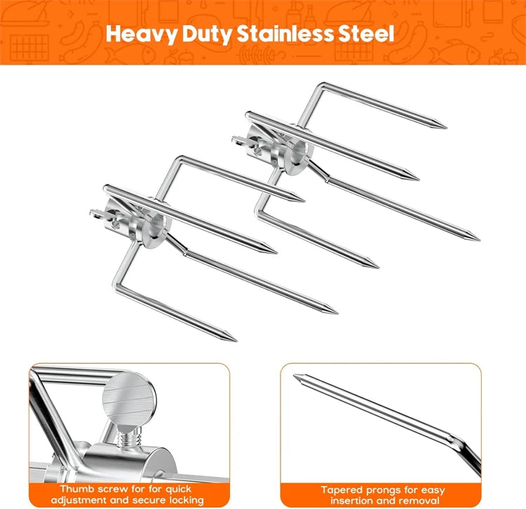 2 Piece Heavy-Duty Stainless Steel Rotisserie Forks – Grill Spit Meat Forks for 3/8 & 5/16 Inch Square Spit Rods – Best for BBQ Rotisserie Roasting