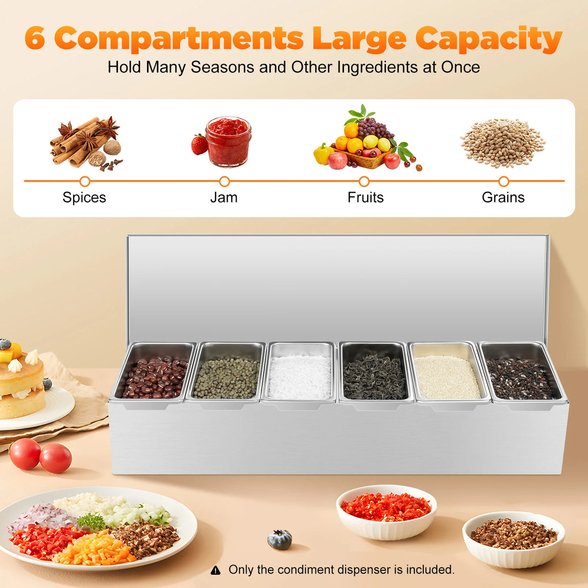6 Compartment Stainless Steel Condiment Dispenser with Lids – Stackable Food-Grade Spice & Seasoning Organiser – Perfect for Kitchens, BBQs & Takeaways – Available in Silver, Silver & Silver Colours