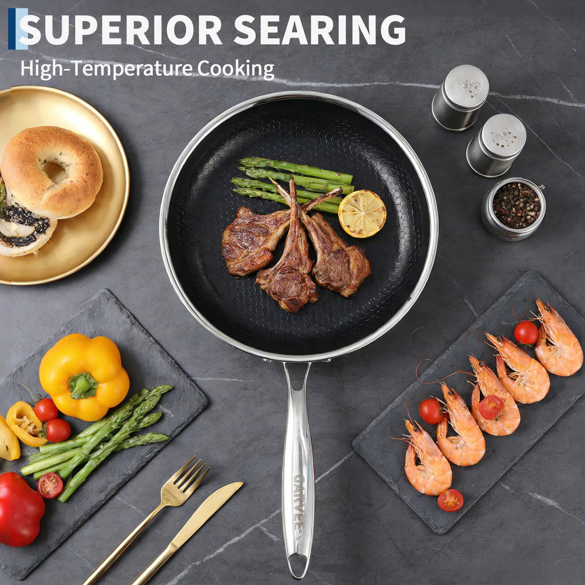 Honeycomb Tri-Ply Stainless Steel Non-Stick Frying Pan Set with Lids – 6 Piece Stackable Skillets 20cm, 25cm & 30cm – Great for Induction, Oven & Everyday Frying