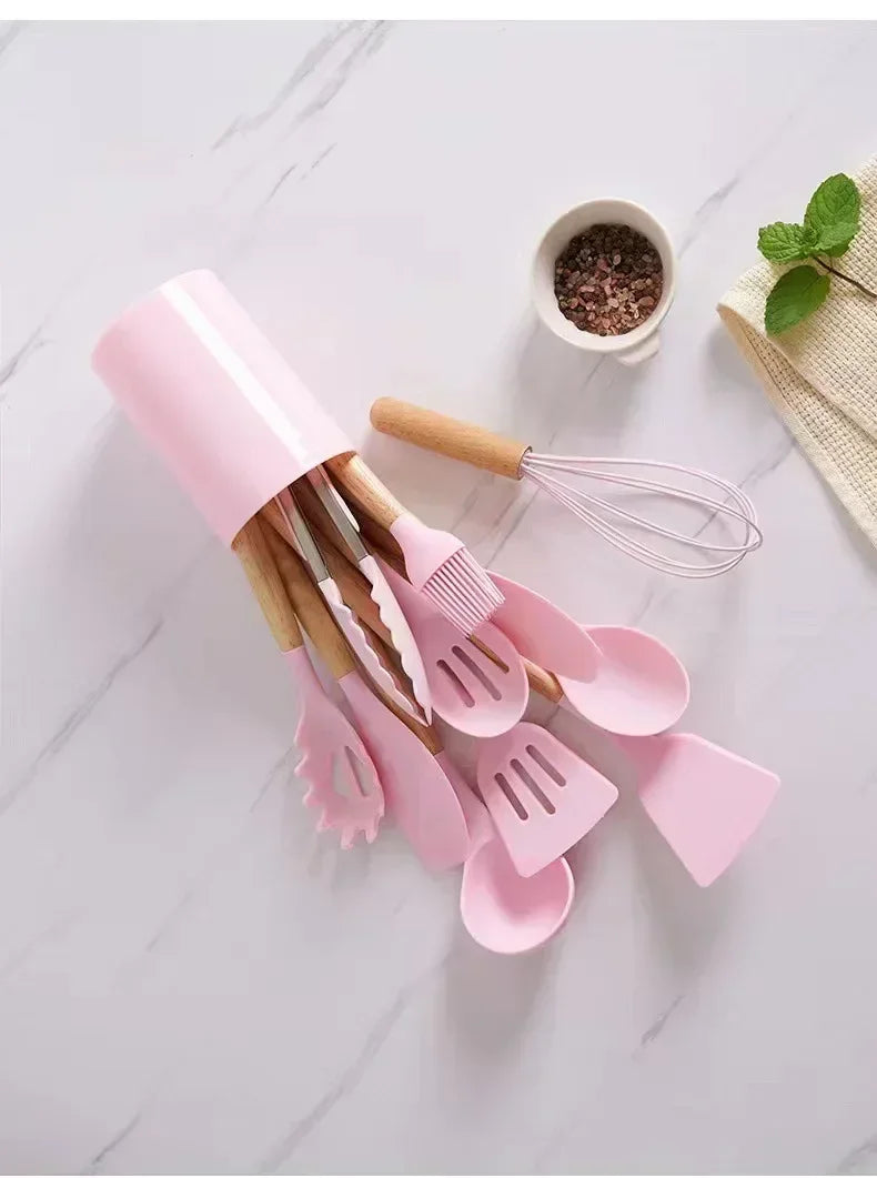 12-Piece Food-Grade Pink Silicone Kitchen Utensils Set with Wooden Handles & Matching Storage Holder – Heat-Resistant, Non-Stick Cooking Utensils for Daily Cooking & Baking – Includes Turner, Spatula, Spoons & More