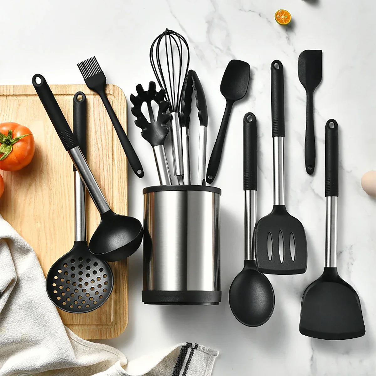 Food-Grade 12-Piece Silicone & Stainless Steel Kitchen Utensils Set with 360° Rotating Storage Holder– Heat-Resistant Cooking & Baking Utensils