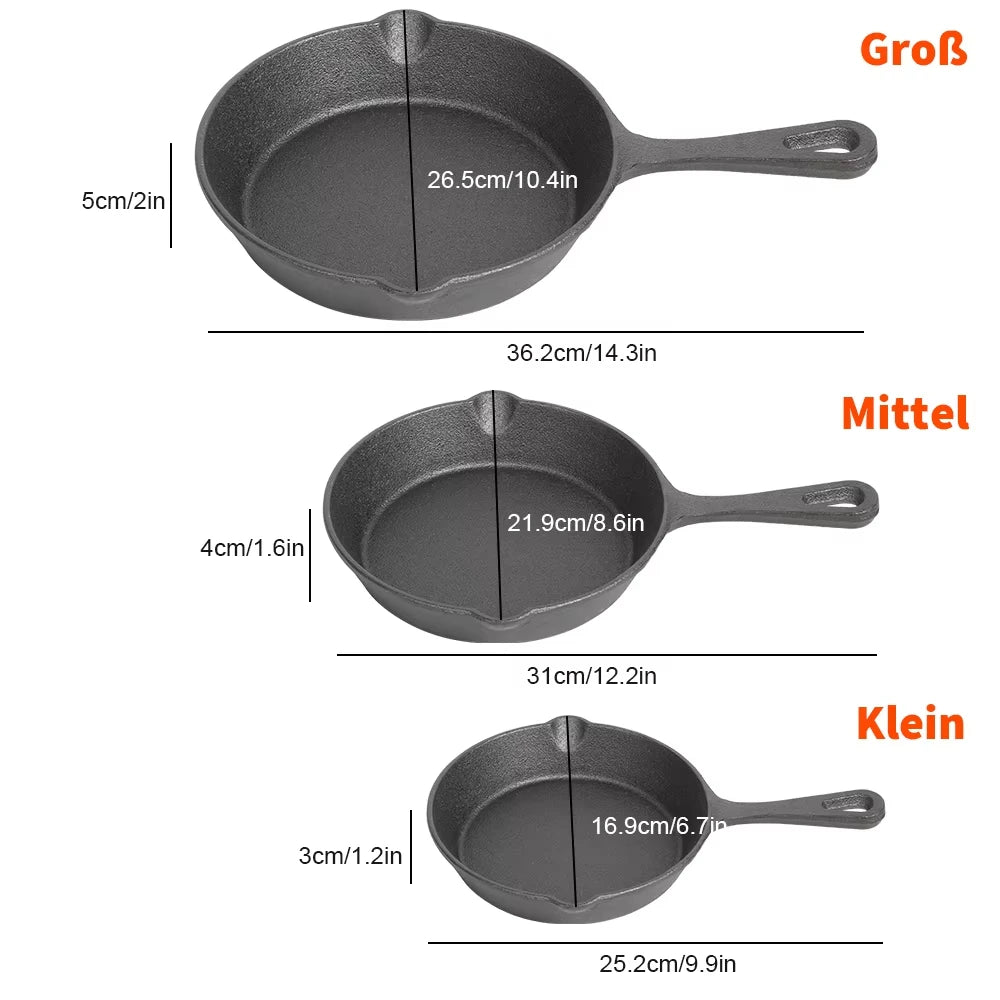 Uncoated Cast Iron Frying Pan Set of 3 – 16cm, 20cm & 26cm Skillets with Double Pour Spouts – Perfect for Frying, Stir-Frying & Omelettes