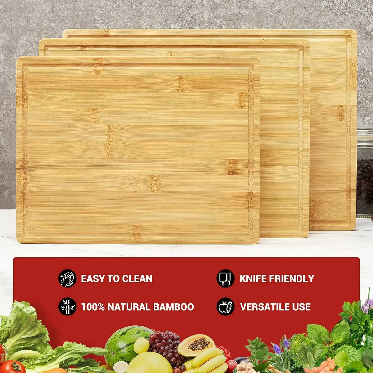 3 Piece Bamboo Chopping Board Set with Storage Stand – Wooden Boards with Handles & Juice Grooves – Best for Meat, Veg & Fruit