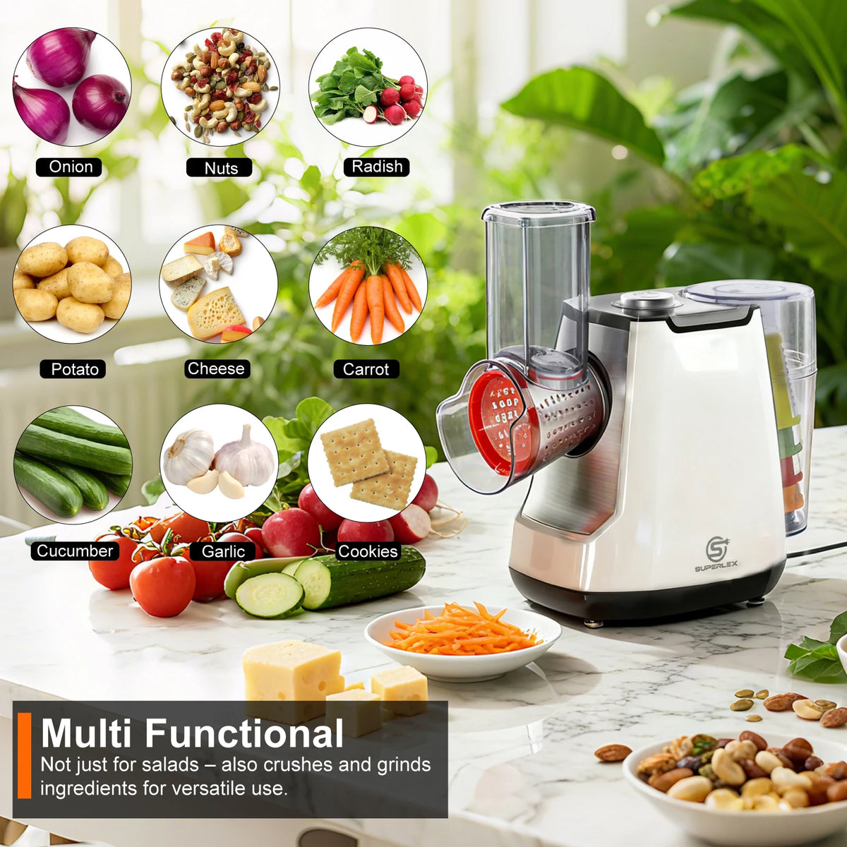5-in-1 Electric Grater & Salad Maker 150W – Vegetable Slicer & Shredder with Stainless Steel Cones – Great for Cheese, Carrots, Nuts & Salads