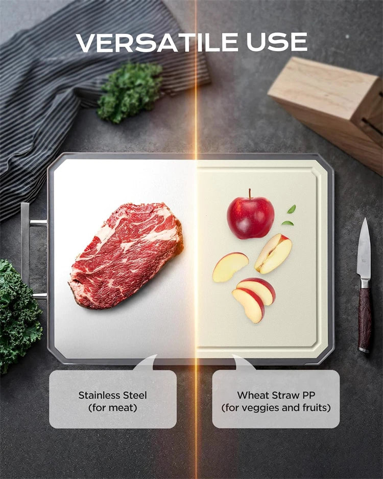 Double Sided 304 Stainless Steel & Wheat Straw Chopping Board – 26x38cm Kitchen Cutting Board – Best for Meat, Fish, Vegetables & Dough
