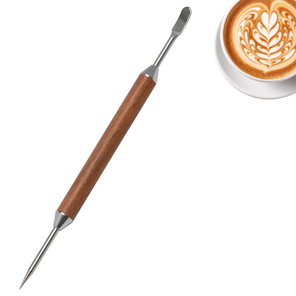 Stainless Steel Latte Art Pen with Wooden Handle – Coffee Decorating Needle – Perfect for Cappuccino Art, Hearts & Swirls