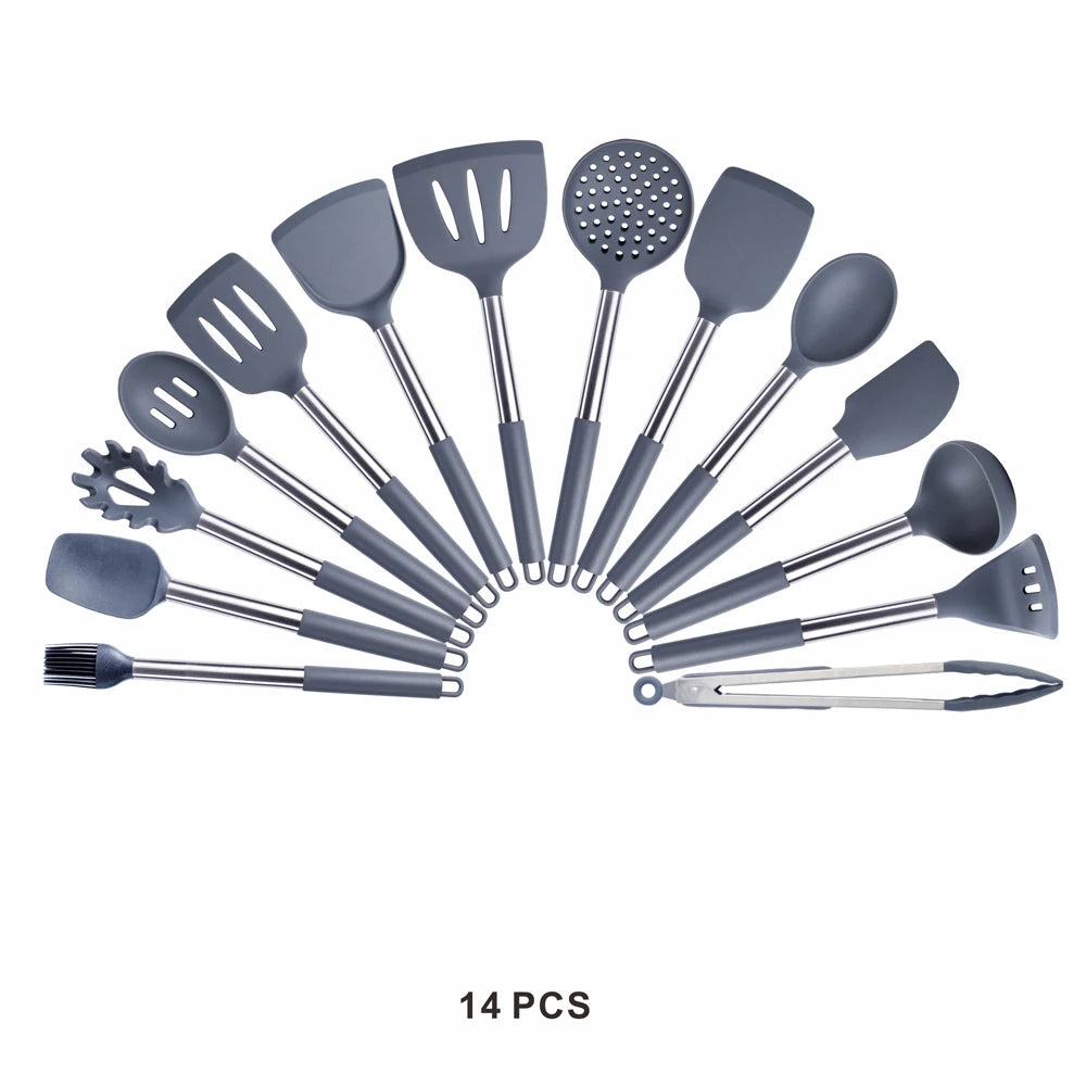 Silicone Kitchen Utensils Set with Stainless Steel Handles – Non-Stick Safe, Heat Resistant | Grey & Black | Available in 5 to 15-Piece Sets