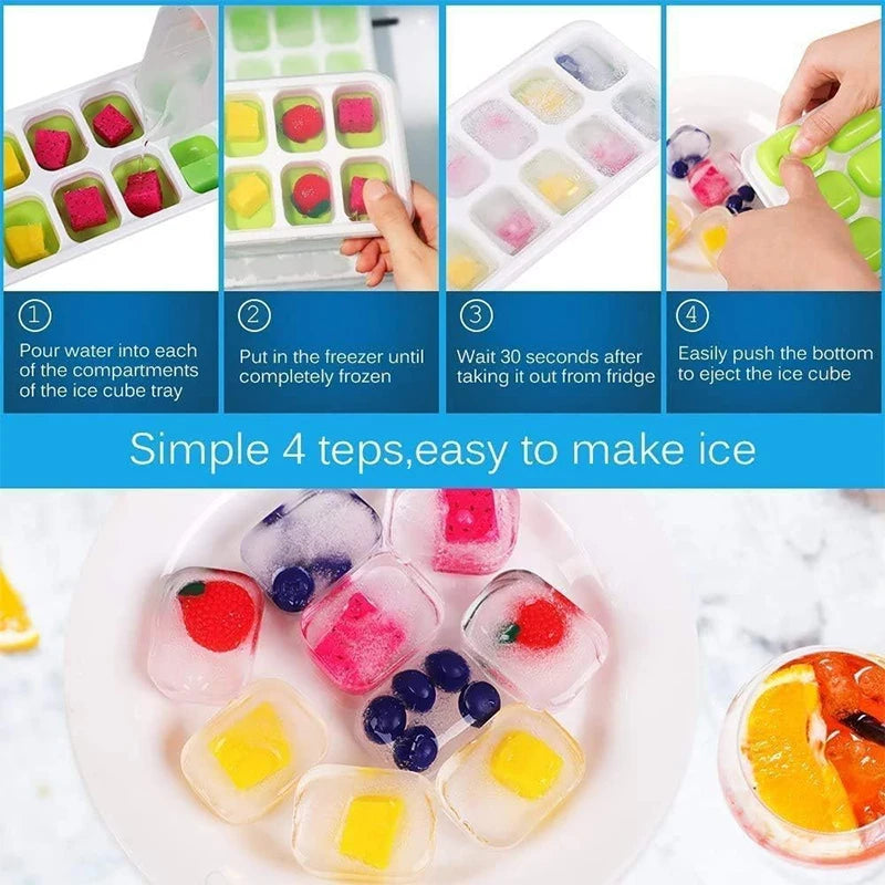 Easy-Release Ice Cube Tray with Lid – 14 Cube Stackable Ice Mould – Best for Chilling Water, Juice & Iced Coffee – Available in Pink, Green, Yellow & Blue Colours