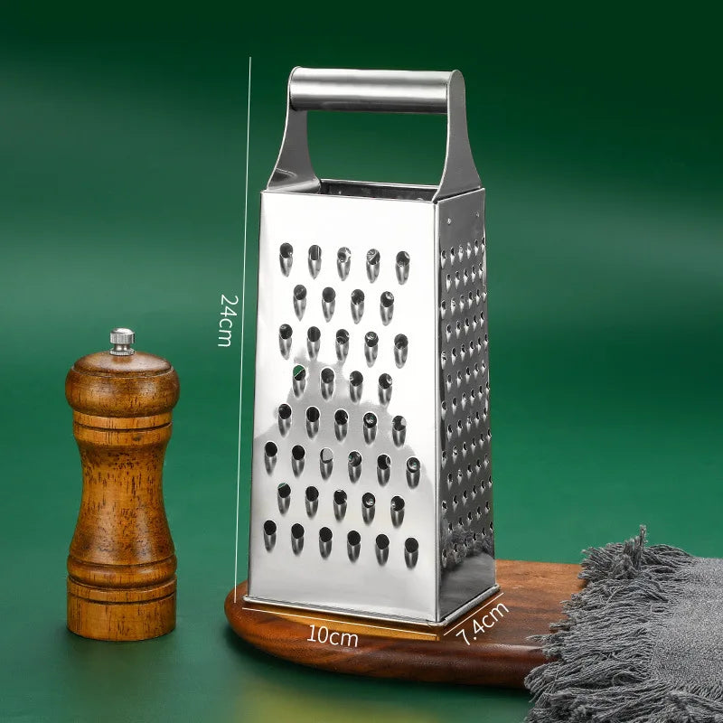 Stainless Steel Four-Sided Cheese Grater – Multi-Functional Handheld Box  Grater  & Vertical Fruit Slicer, Available in Gold & Silver