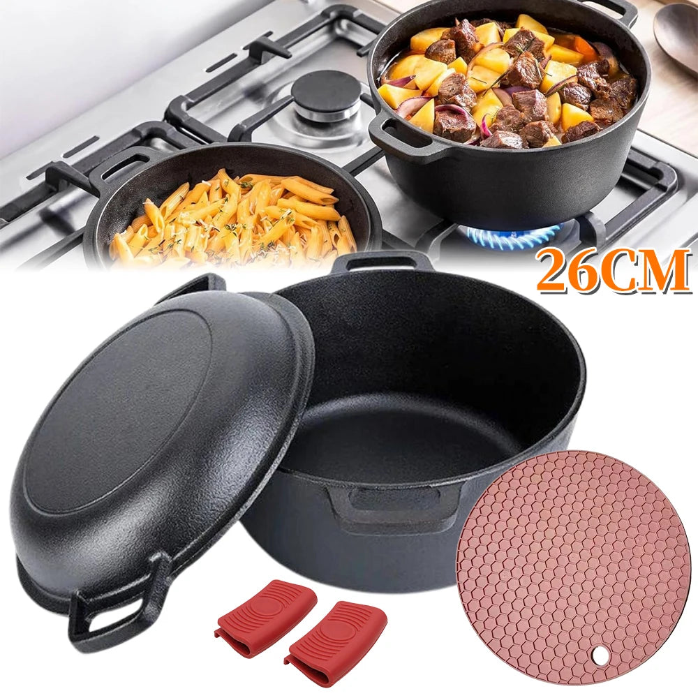 Pre-Seasoned 26cm Cast Iron Dutch Oven with Skillet Lid, Dual Handles – 2-in-1 Combo Pot & Pan Set – Includes Anti-Slip Mat & Silicone Clips, Multi-Purpose Cookware Set, Best for Frying, Stewing, Roasting, Bread ,Baking, Camping & BBQ