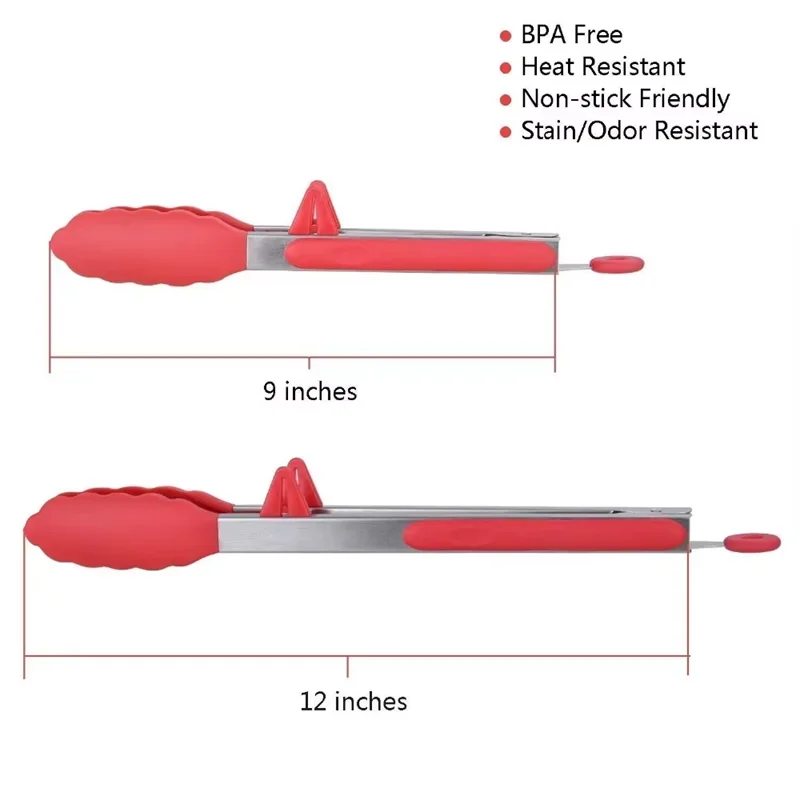 Heat Resistant Stainless Steel Cooking Tongs with Silicone Tips – Self-Standing Kitchen & BBQ Tongs – Perfect for Salads, Grilling & Serving – Available in Black & Red, 8 or 12 Inch