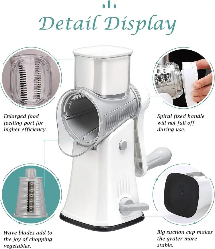 5-in-1 Rotary Cheese and Vegetable Grater with Handle and Suction Base – Multifunctional Interchangeable Rotating Drum Blades for Slicing, Shredding, and Grinding.(Available in Green, White, and Black Colours)