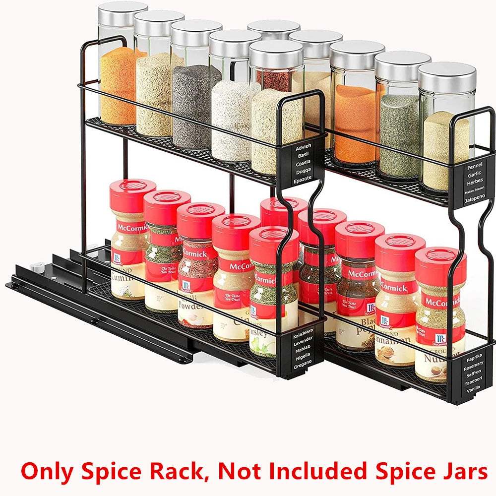 Pull Out Spice Rack Organiser for Cabinets – Slide Out Metal Seasoning Organiser – Perfect for Deep Kitchen Cupboards