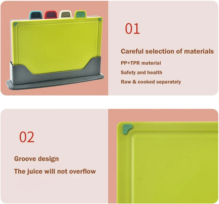 4 Piece Colour-Coded Plastic Chopping Board Set with Storage Stand – Thick Slip-Resistant Cutting Boards – Great for Meat, Fish, Vegetables & Fruit