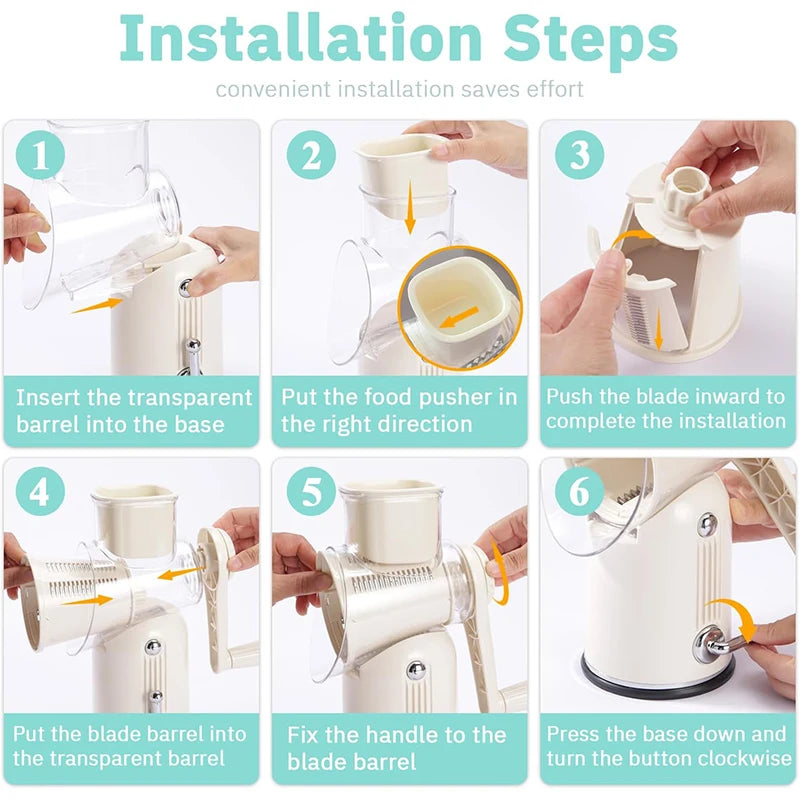 5-in-1 Rotary Cheese & Vegetable Grater with Handle & Suction Base – Multifunctional Manual Drum Grater (Available in Ivory and Light Green))