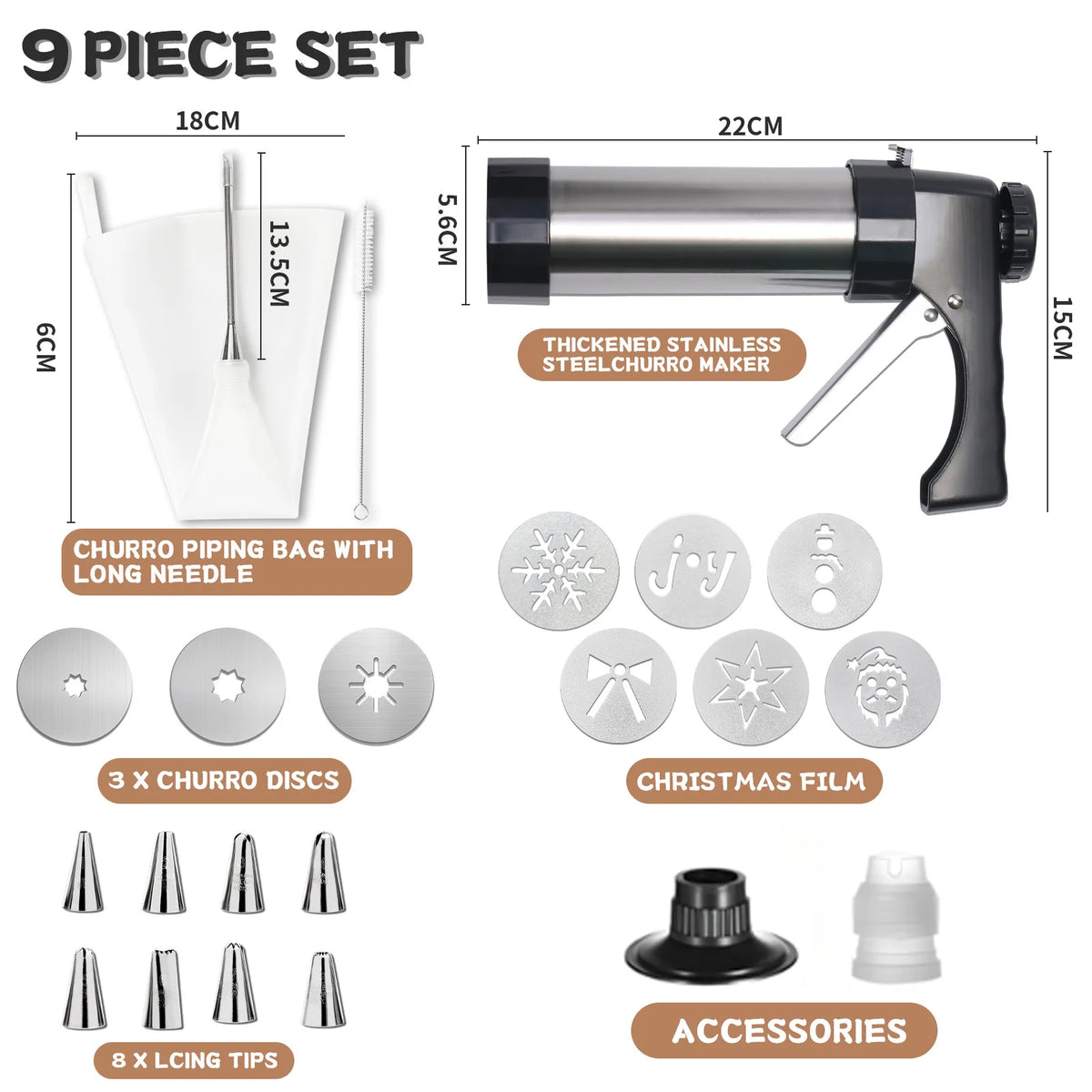 3-in-1 Stainless Steel Churro Maker & Cookie Press Kit – Spritz Biscuit Gun with Moulds – Great for Churros, Biscuits & Piped Desserts