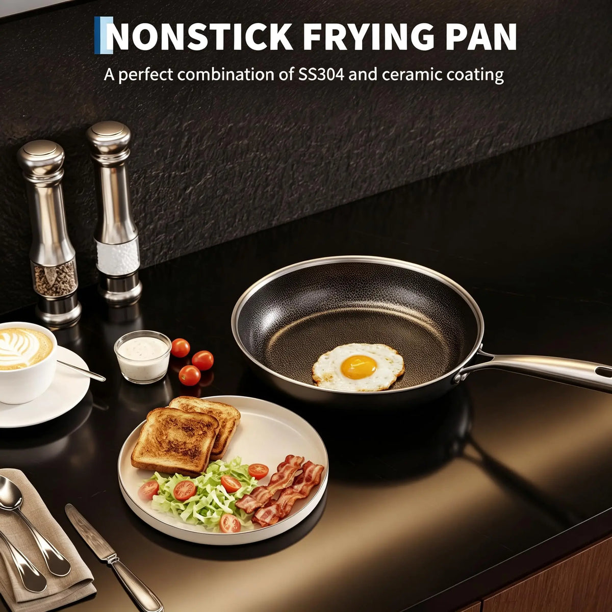 Honeycomb Hybrid 3-Ply Stainless Steel Non-Stick Frying Pan with Lid – PFOA-Free Tri-Ply Clad Skillet with Stay-Cool Handle – Ideal for Searing & Browning (28cm)