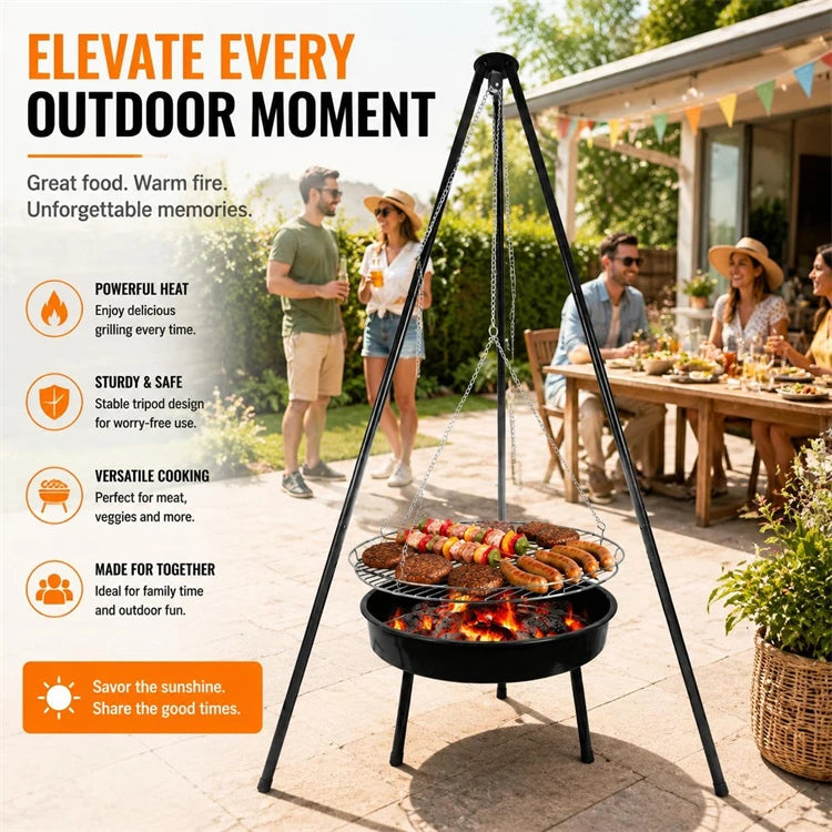Campfire Tripod Grill with Barbecue Basin – Steel Camping Firepit Cooking Rack & Lantern Hanger – Best for Outdoor Cooking & Camping