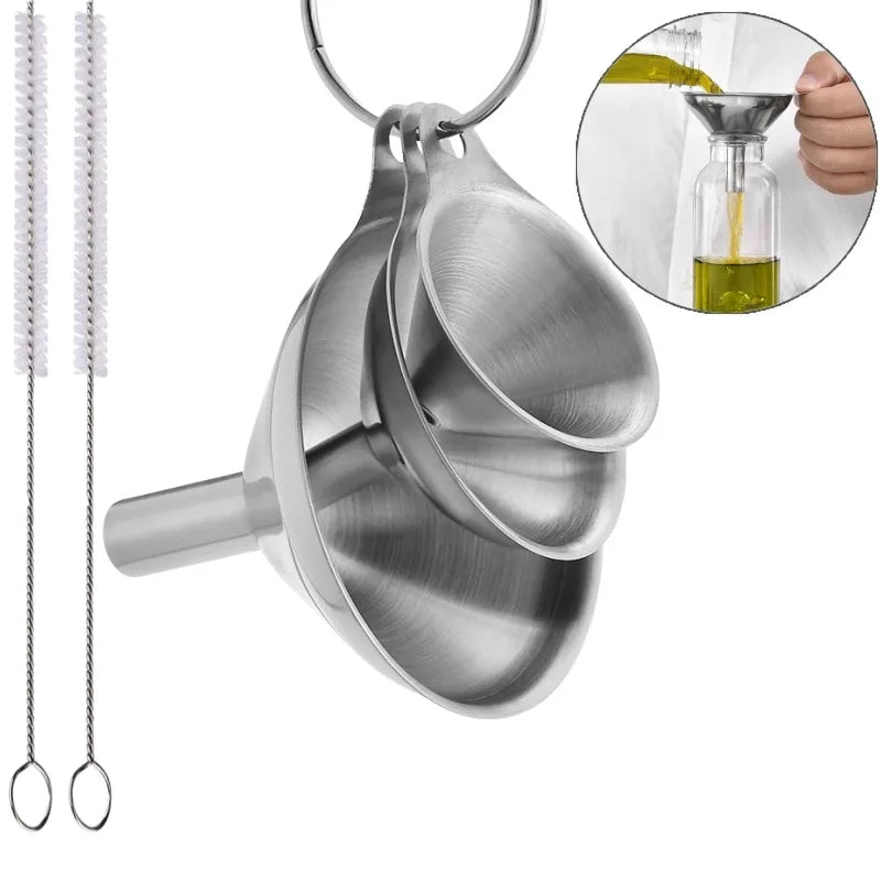 Stainless Steel Kitchen Funnel Set with Cleaning Brush – Food-Grade Funnels for Filling Bottles & Jars – Perfect for Oils, Sauces & Liquids – Available in 3 & 5 Piece Sets