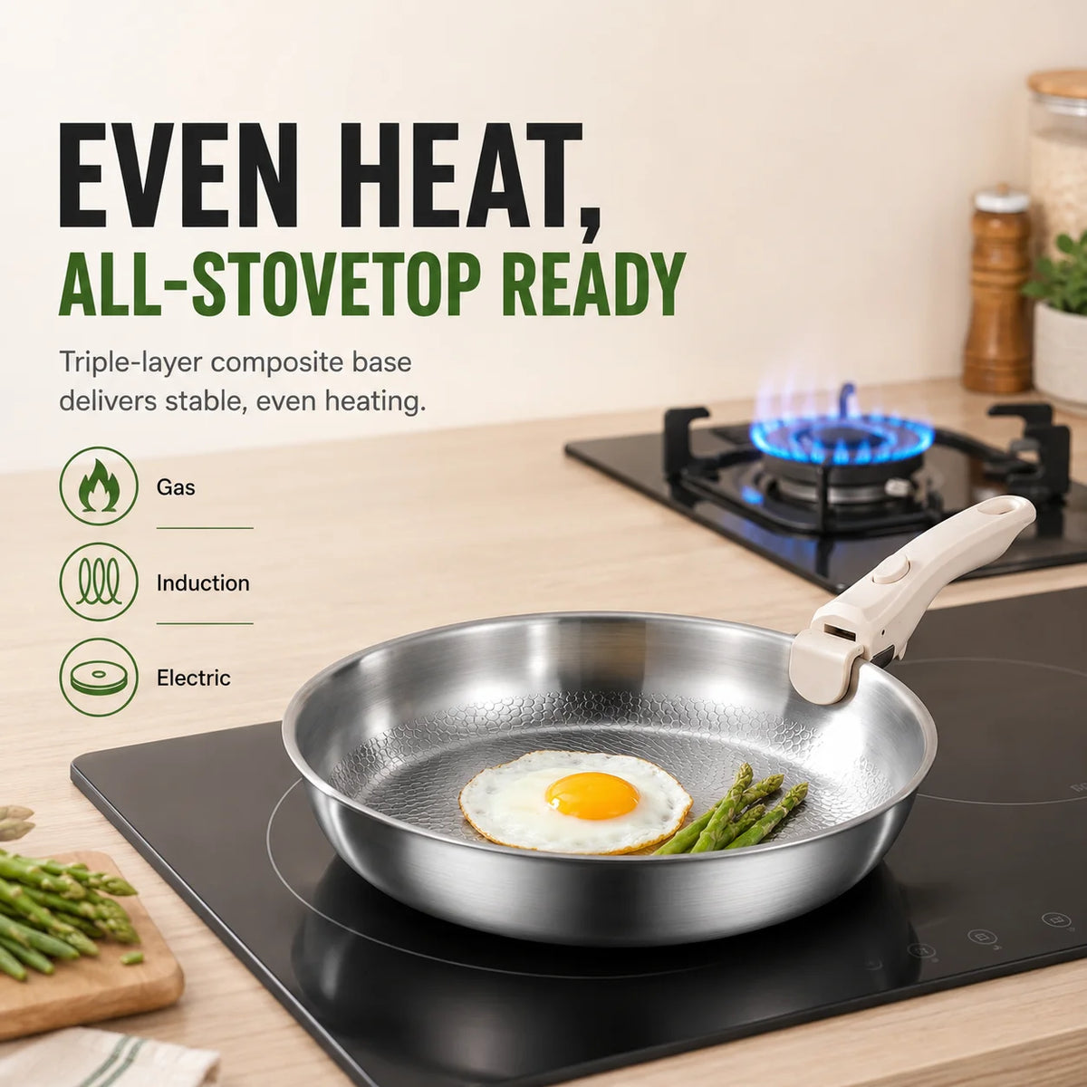 Hammered Stainless Steel Frying Pan with Detachable Handle – 3-Ply Uncoated Space-Saving Skillet – Best for Searing, Sautéing & Oven to Table – Available in 26cm, 28cm & 30cm