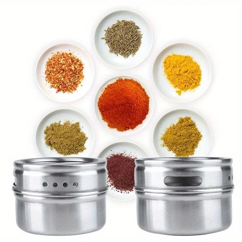 Magnetic Spice Rack Set with Steel Tin Jars – Fridge Side Spice Organiser with Clear Shaker Lids – Perfect for Saving Kitchen Space
