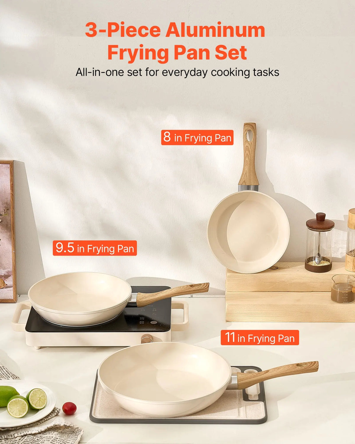 3 Piece Ceramic Non-Stick Frying Pan Set with Wood-Effect Handles – Aluminium Skillets 20cm, 24cm & 28cm – Perfect for Eggs, Searing & Everyday Frying