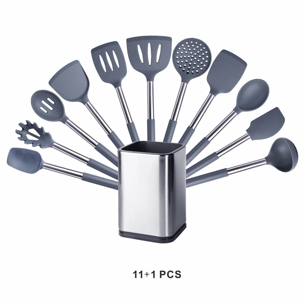 Silicone Kitchen Utensils Set with Stainless Steel Handles – Non-Stick Safe, Heat Resistant | Grey & Black | Available in 5 to 15-Piece Sets