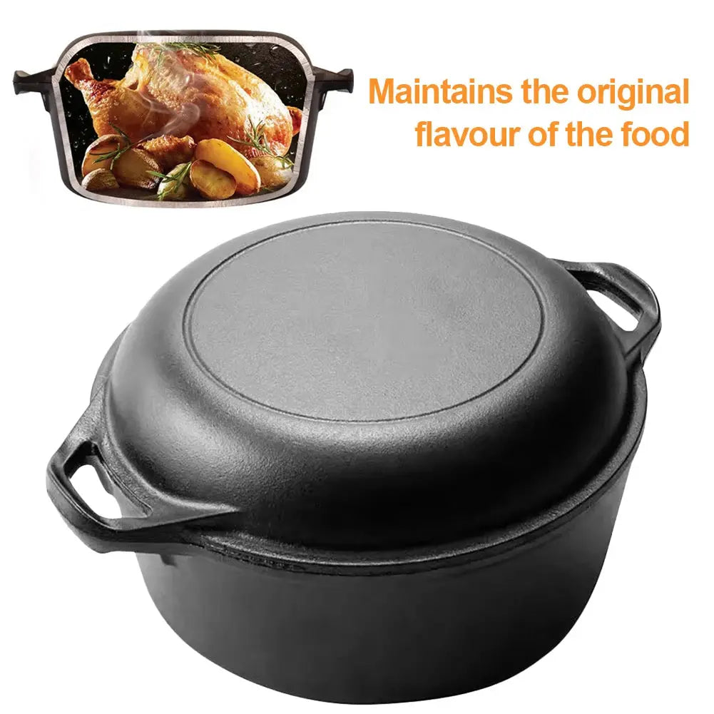Pre-Seasoned Cast Iron 2-in-1 Dutch Oven Pot & Skillet – Multi-Purpose Cookware Set with Dual Handles for Baking Bread, Frying, Stewing, Camping & BBQ