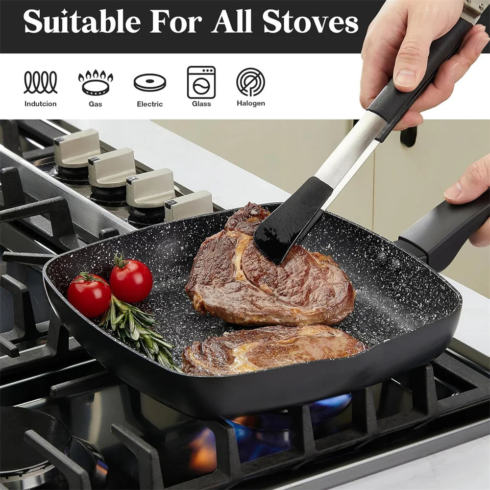 Square Non-Stick Grill Pan with Glass Lid – Marble-Coated Aluminium Steak Pan with Soft-Touch Handle – Ideal for Steaks, Chicken & Vegetables (28cm)