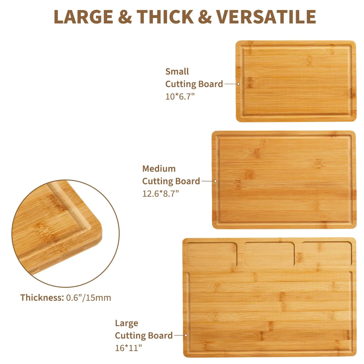 Bamboo Chopping Board Set of 3 – Pre-Oiled Reversible Boards with Juice Grooves, Handles & Prep Slots – Best for Everyday Chopping & Serving