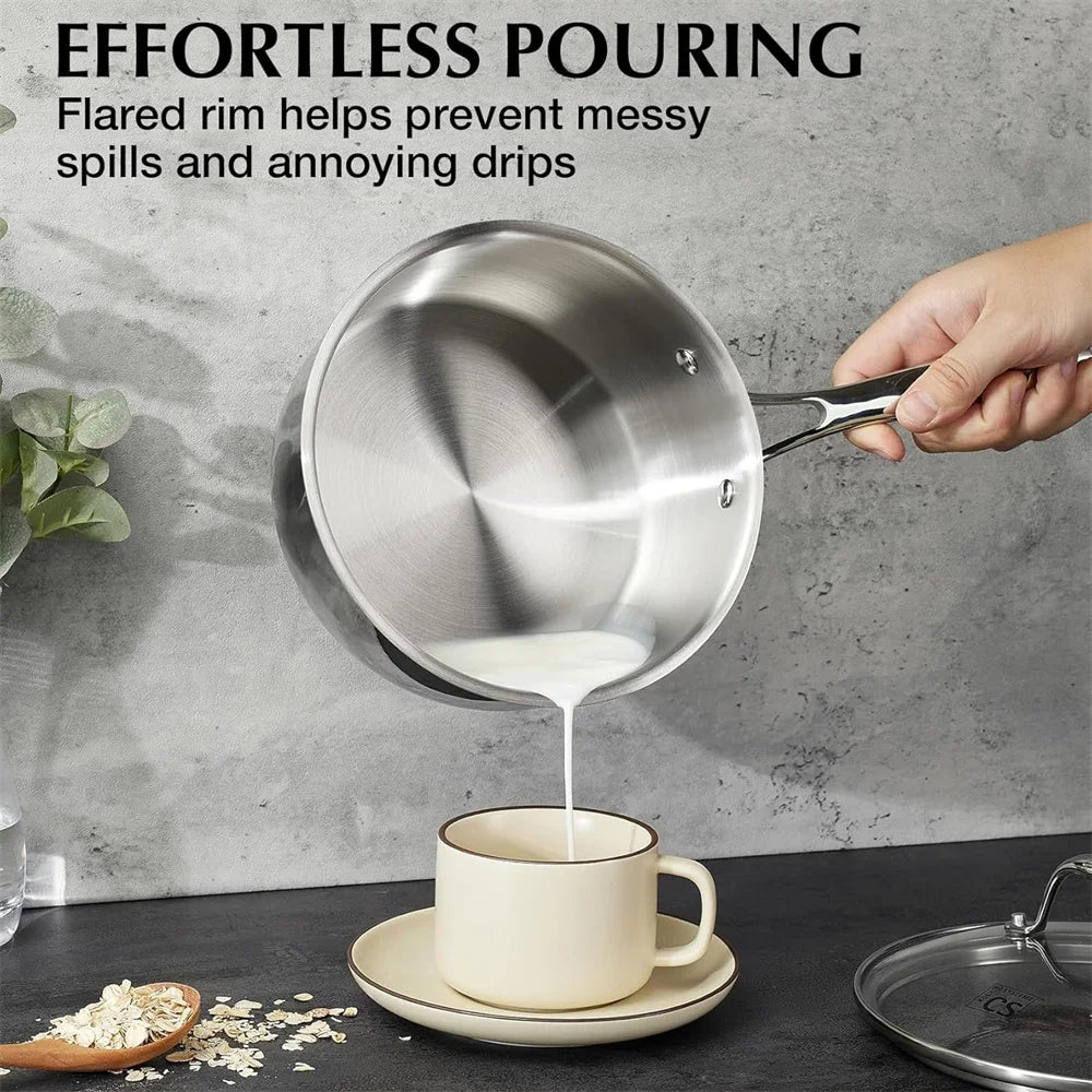 6 Piece Tri-Ply Stainless Steel Saucepan Set with Glass Lids – 14cm, 18cm & 20cm Milk Pan & Saucepans – Great for Sauces, Soups & Induction Hobs