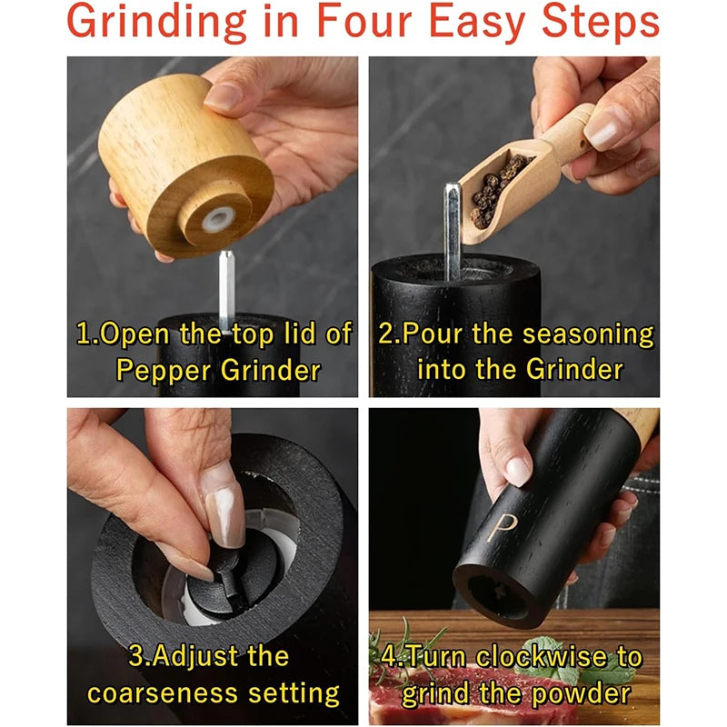 7 Inch Oak Wood Salt & Pepper Grinder Set – Manual Pepper Mill with Adjustable Ceramic Grinder – Perfect for Sea Salt & Peppercorns