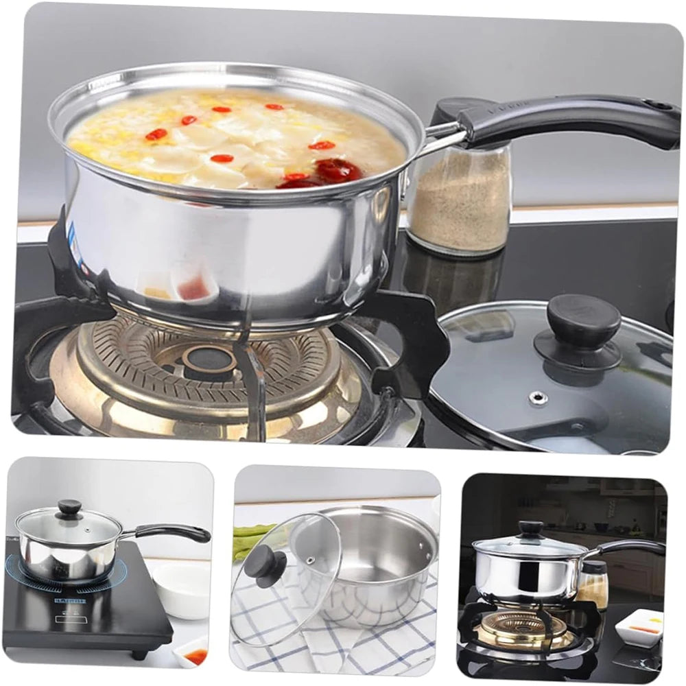 3 Piece Stainless Steel Milk Pan Set with Glass Lids & Gloves – Single Layer Saucepans – Great for Milk, Sauces & Gas Hobs