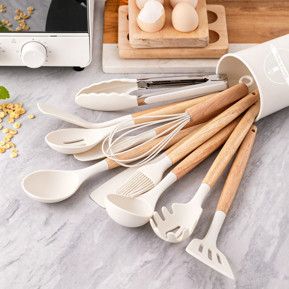 12 Piece Silicone Kitchen Utensil Set with Wooden Handles & Storage Pot – Heat Resistant BPA-Free Cooking Tools – Best for Non-Stick Cookware & Baking – Available in Black, White, Pink, Khaki & Light Green Colours