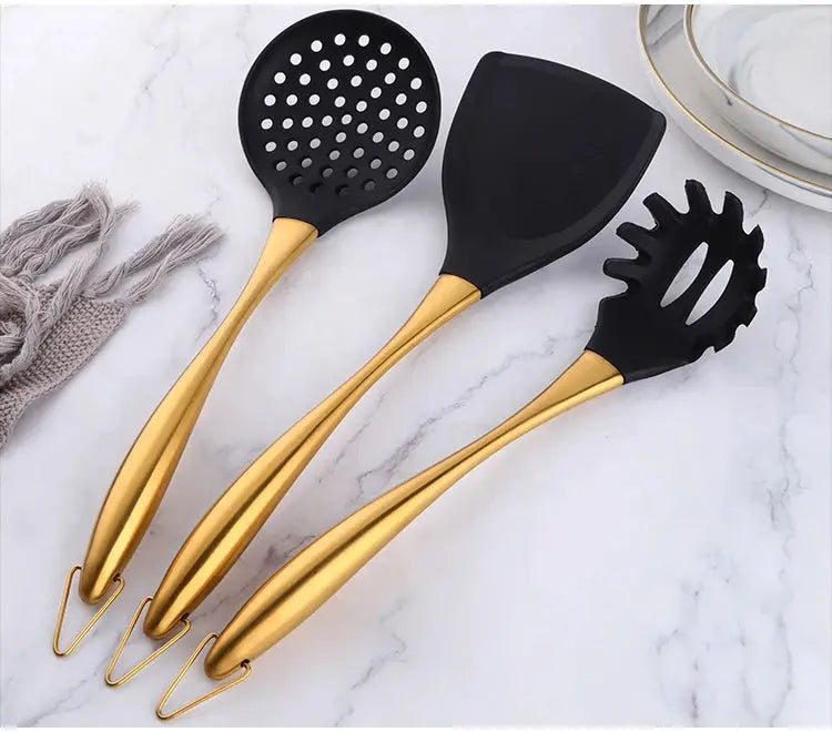 7-Piece Silicone Utensil Set with Golden Stainless Steel Handles - Cooking Utensil Set