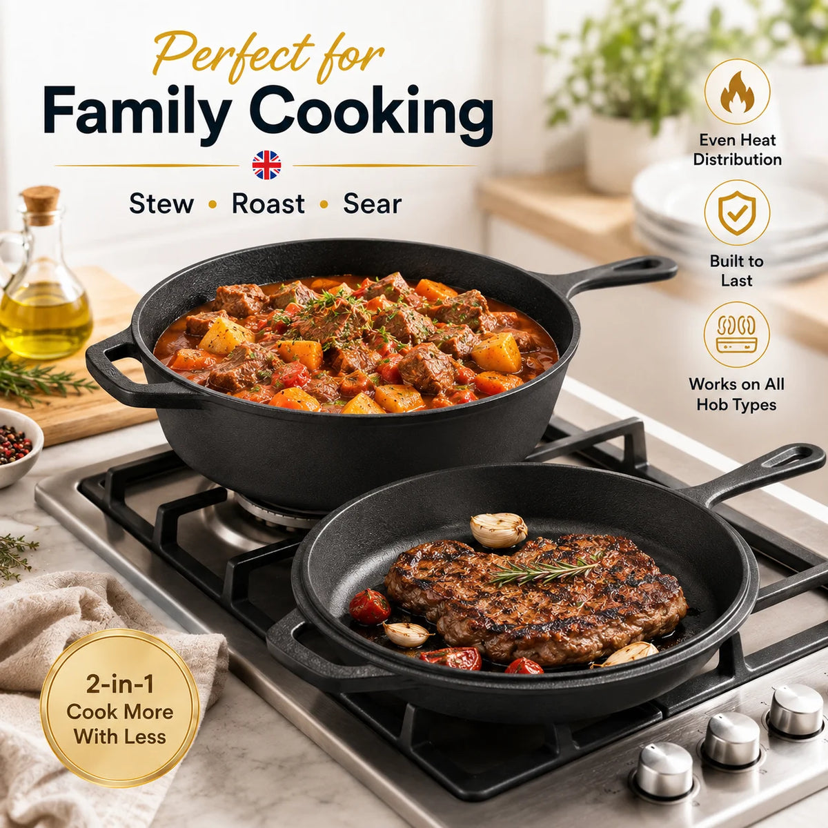 Cast Iron Camping Dutch Oven Stockpot with Skillet Lid – Non-Enamel Heavy Duty Stew Pot – Best for Outdoor Camping & Home Cooking